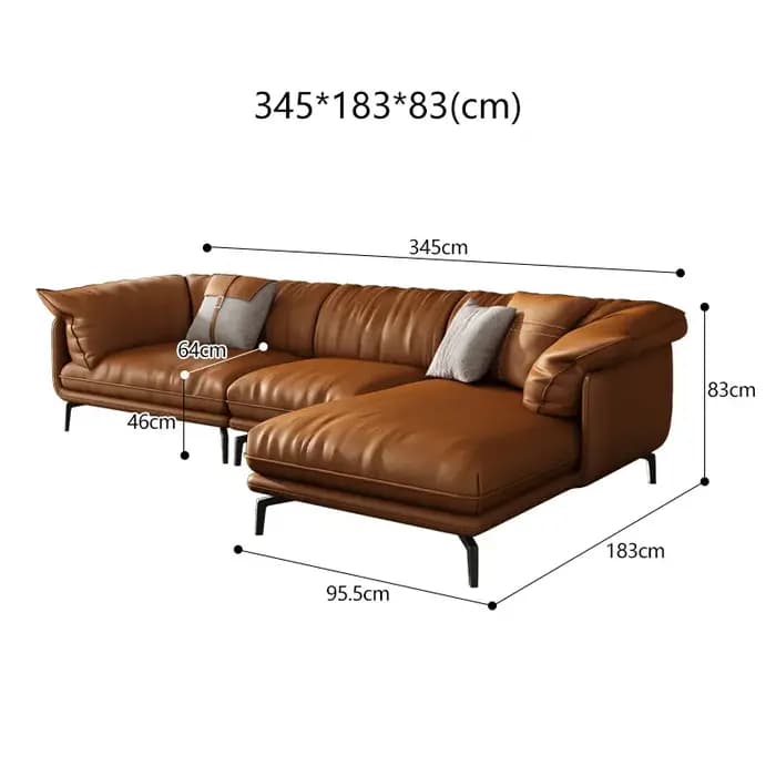 Canapé d'angle moderne rembourré en cuir véritable 1 + 2 + 3 places avec pieds noirs