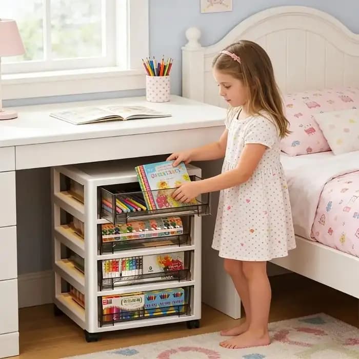 Unité rangement en plastique avec compartiments roues visibles