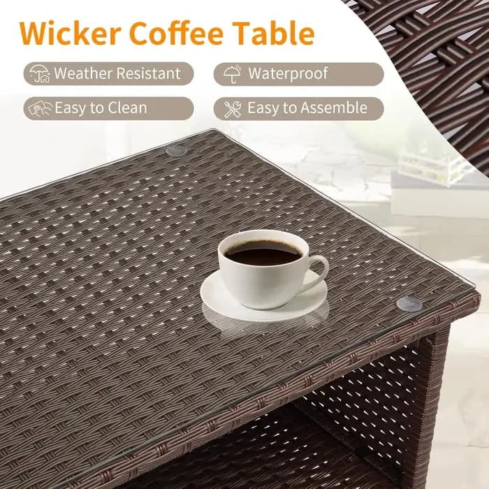 Table basse d'extérieur en osier avec plateau en verre trempé et rangement pour patio