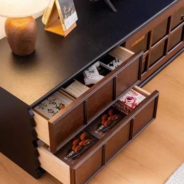 Meuble TV vintage en bois avec portes en verre
