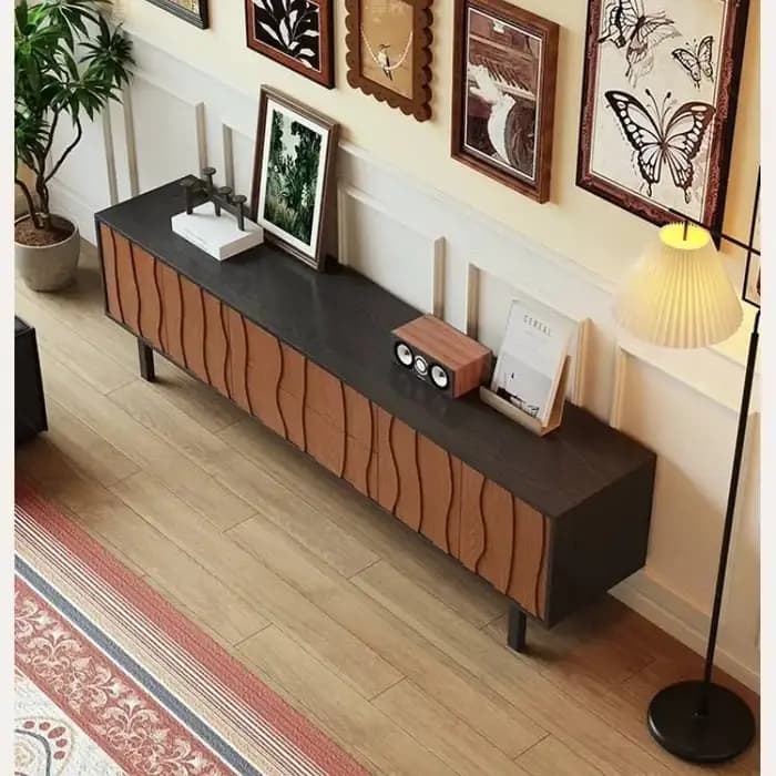 Vintage longue décoration meuble Tv marron support milieu du siècle