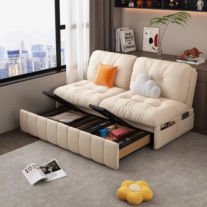 Canapé-lit couleur crème multifonctionnel pliable convertible en tissu chenille résistant aux rayures