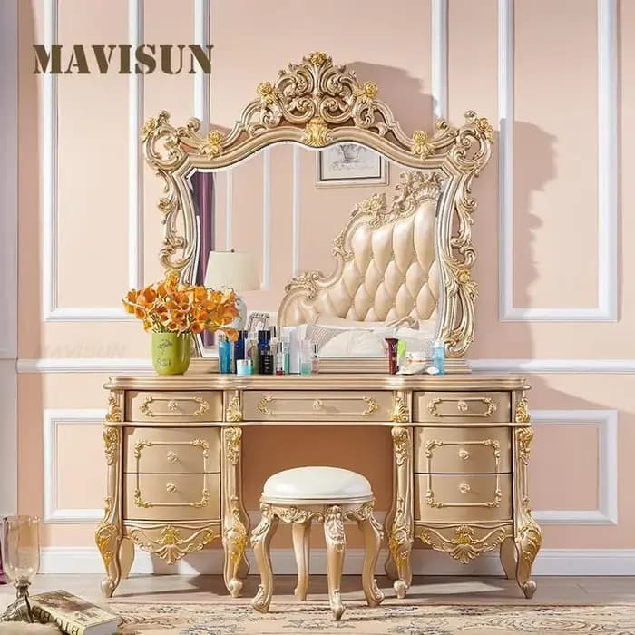 Coiffeuse dorée de luxe avec grand miroir, sculptée avec raffinement, style européen, pour chambre à