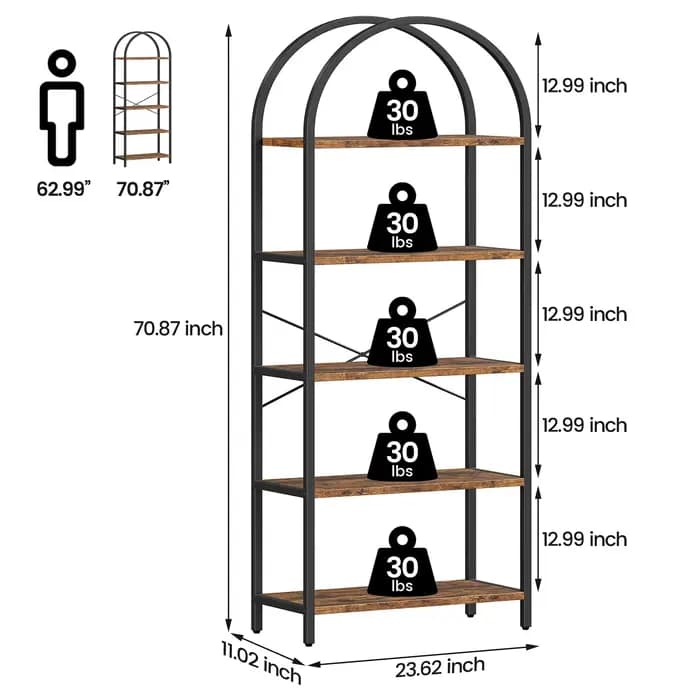Bibliothèque arquée à 5 niveaux, bibliothèque ouverte industrielle de 180 cm de haut, présentoir aut