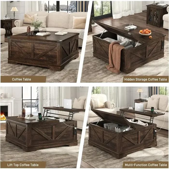 Meilleure vente : Table basse relevable de style farmhouse de 40 pouces avec prises électriques et g