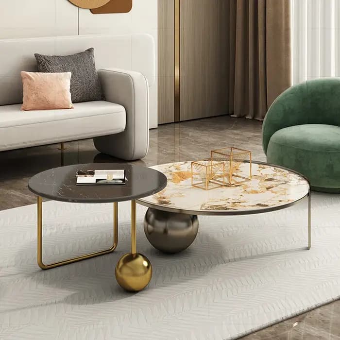Table basse moderne en acier inoxydable avec pierre ronde