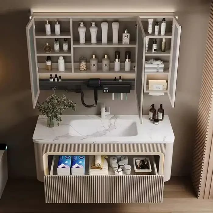 Meubles de salle de bain modernes en bois avec vasque intégrée