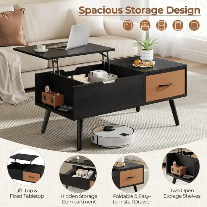 Table basse relevable pour salon, petites tables centrales en bois avec grand rangement