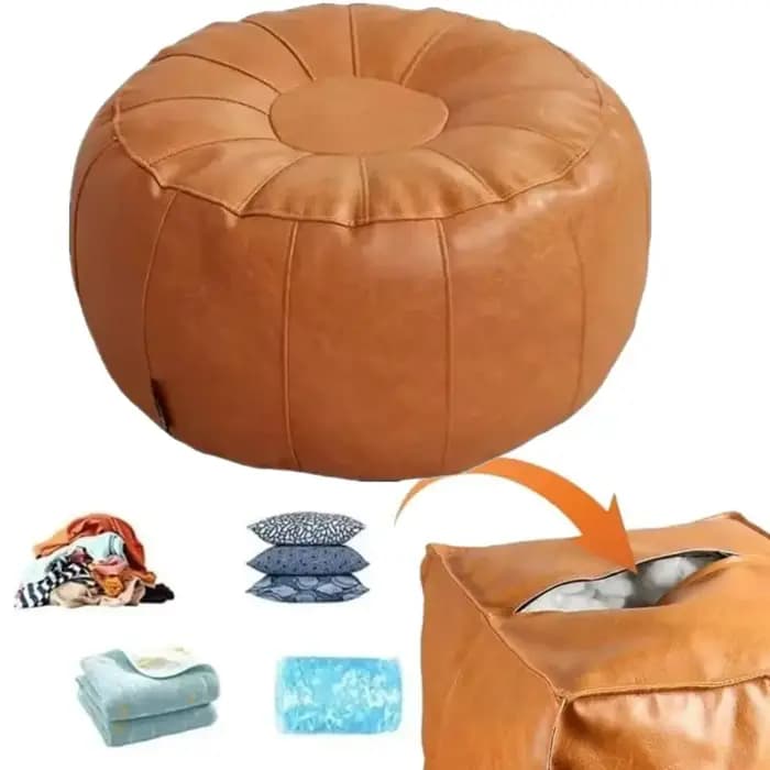 Pouf de rangement rond en similicuir non rembourré