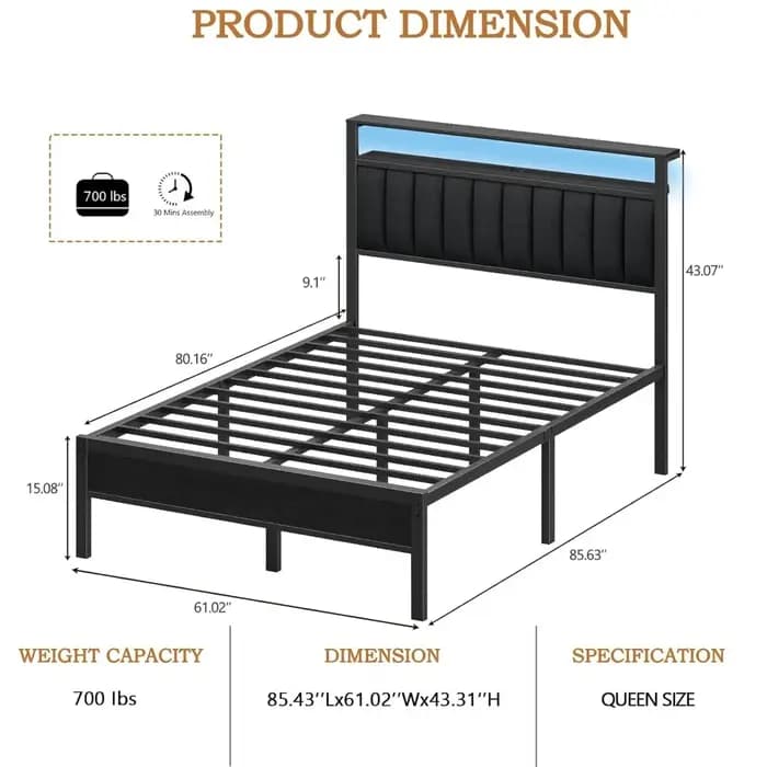 Cadre de lit avec station de charge et éclairage LED, lit plateforme avec lattes métalliques, rembou