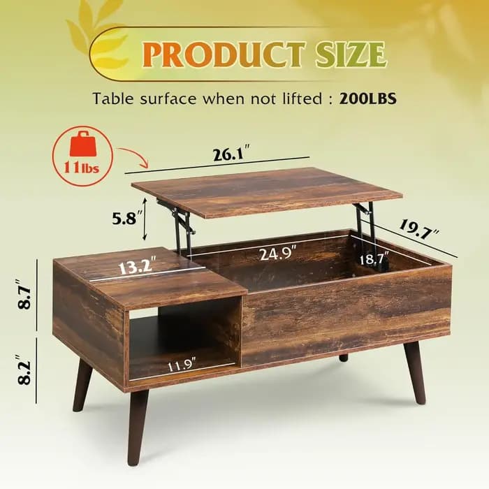Table basse pour salon, table basse relevable avec rangement, petite table centrale relevable en boi