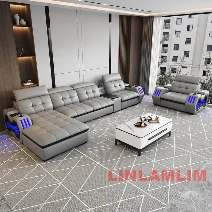 Canapé de cinéma maison en cuir véritable italien avec USB, haut-parleurs, canapé sectionnel moderne