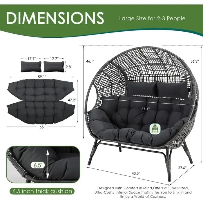 Pour chaise à œufs Double, stationnaire d'intérieur et d'extérieur, coussins rembourrés épais surdimensionnés, causeuse à œufs pour 2 personnes, pour Patio et balcon