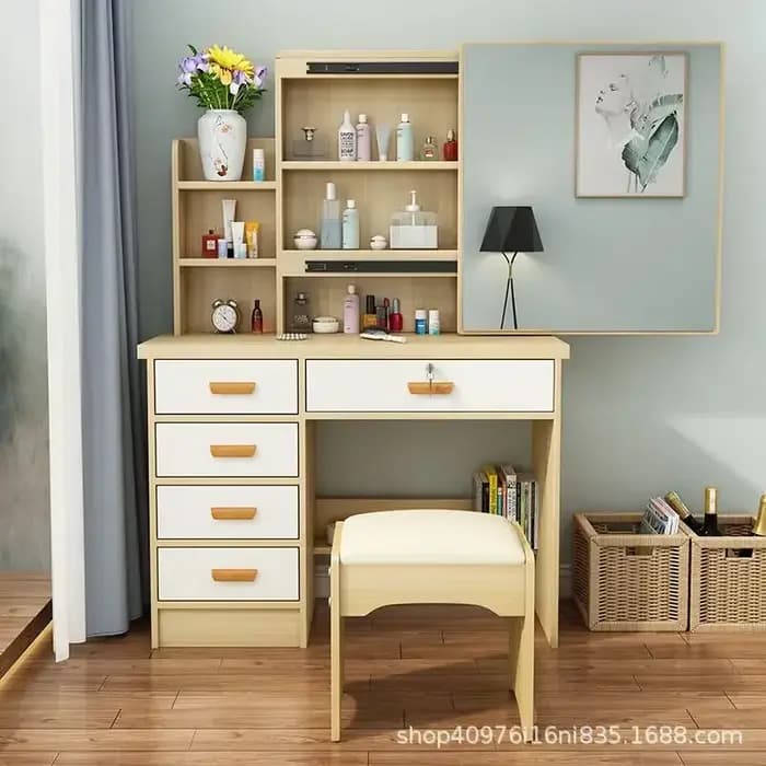 Table de maquillage moderne en spanTable, tabouret de proximité, miroir coulissant simple, armoire d