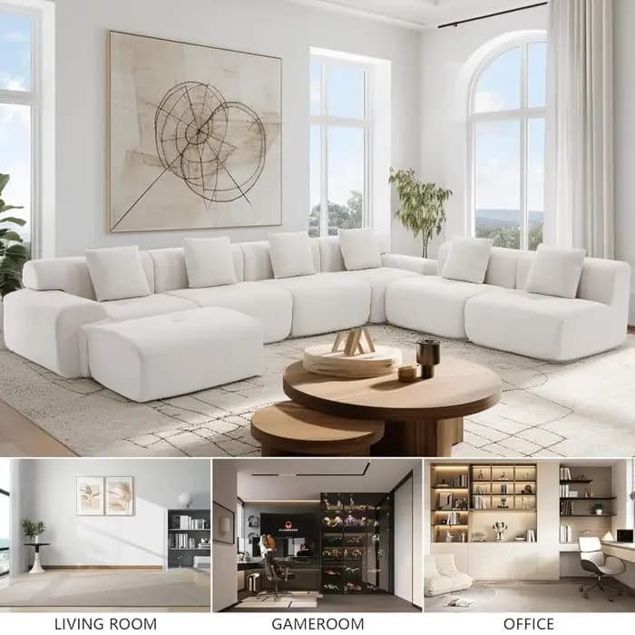 Canapé modulaire sans structure avec ottoman, canapé nuage en velours côtelé de 122 pouces pour salo