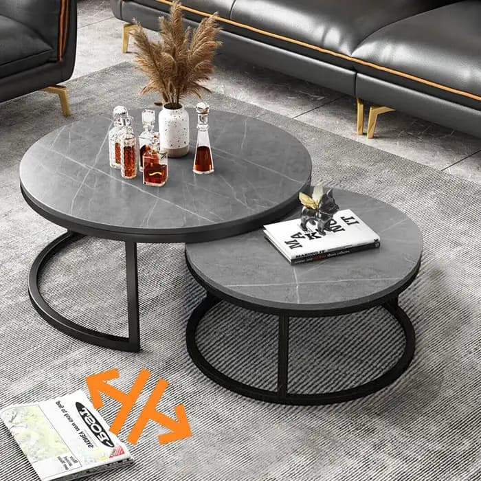 Ensemble de table basse en marbre gris rond nidification moderne, table en pierre frittée, pieds en