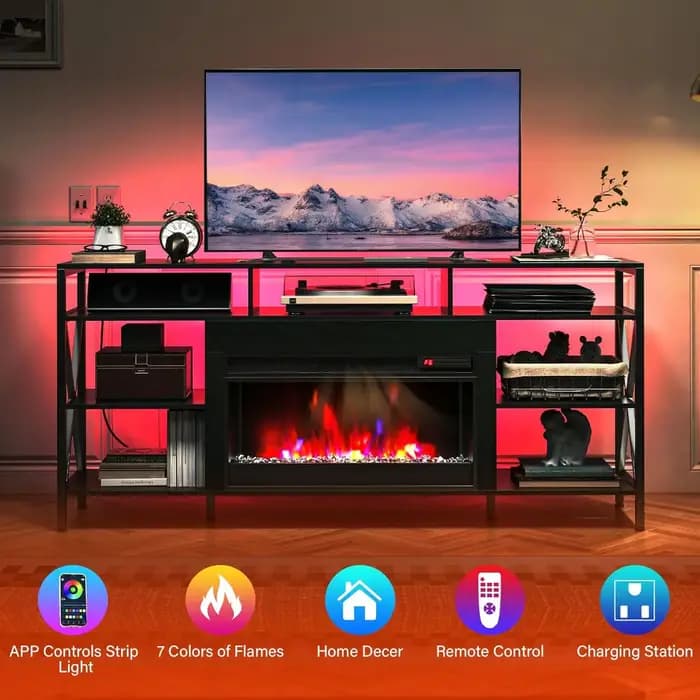 Meuble TV 60 pouces avec foyer électrique 27,5 pouces, console multiprise, armoire de rangement LED,