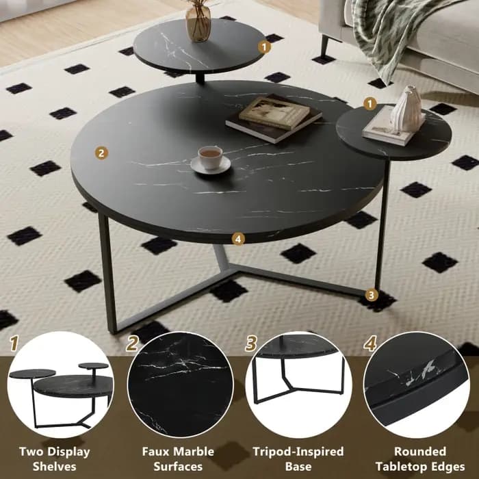 Table basse moderne avec deux présentoirs, surfaces en faux marbre noir, base inspirée du trépied, b