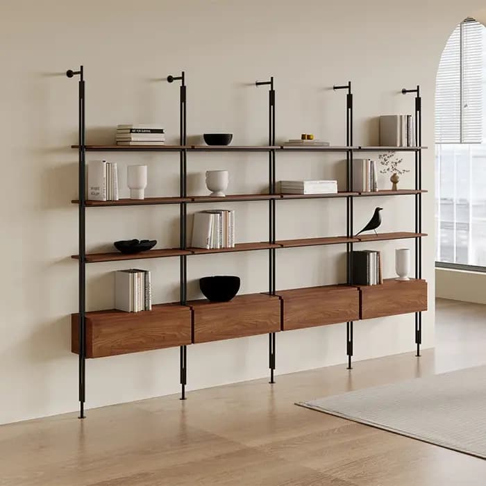 Bibliothèque minimaliste crème, bibliothèque de salon, du sol au plafond, multi-niveaux, en fer forg