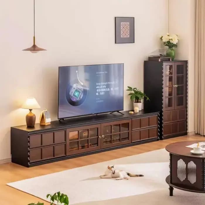 Meuble TV vintage en bois avec portes en verre