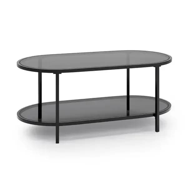 Table basse moderne à deux niveaux en verre avec pieds en métal noir - Meuble de salon pour café