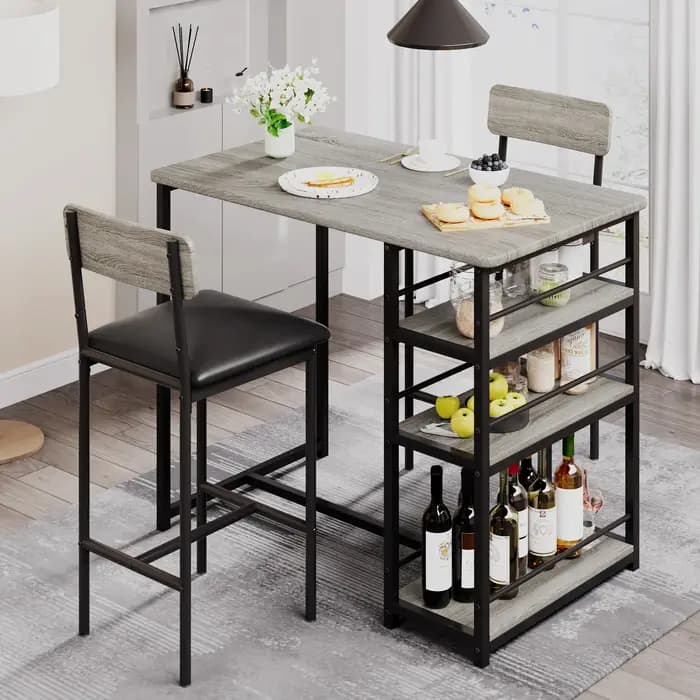 Ensemble de table à manger avec étagères à 3 niveaux, ensemble de table de cuisine de bar avec 2 cha