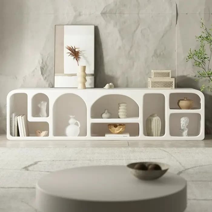 Meubles TV universels blancs, séparateurs de pièce rustiques, meubles TV cannelés, meubles pour salons, meubles de style Mid-Century