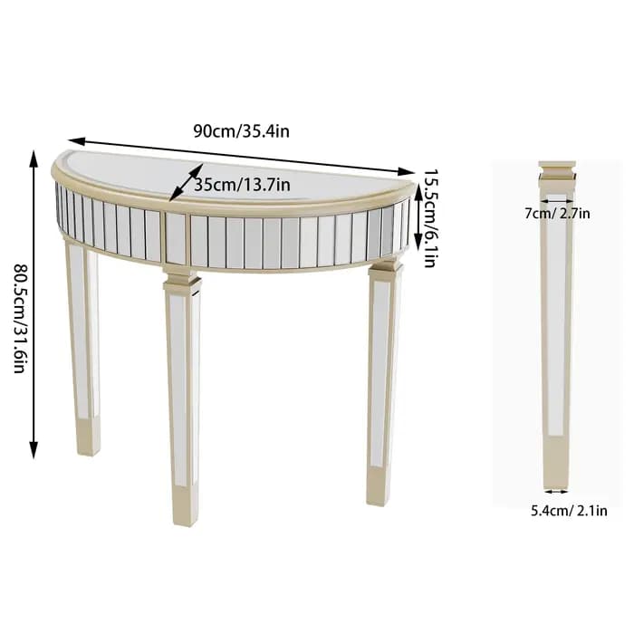 Table console miroir demi-lune pour entrée et salon, coiffeuse de maquillage pour couloir argenté, m