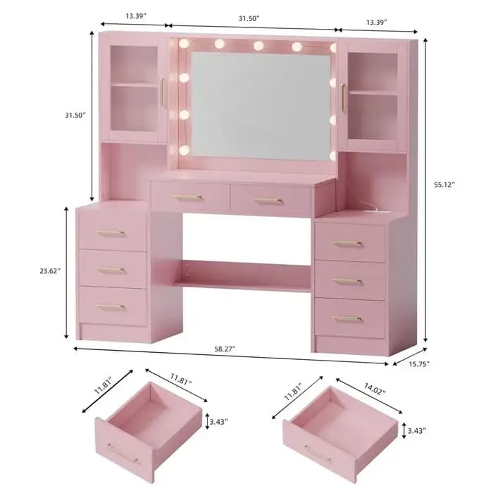 Coiffeuse de maquillage 58.3 avec station de charge, table de maquillage rose avec miroir lumineux,