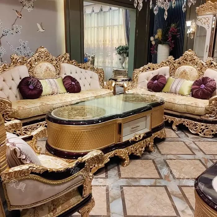Ensemble de canapés Chesterfield capitonnés sectionnels en bois massif sculpté
