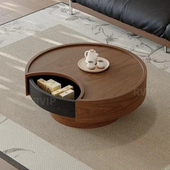 Table d'appoint ronde vintage en bois massif avec rangement