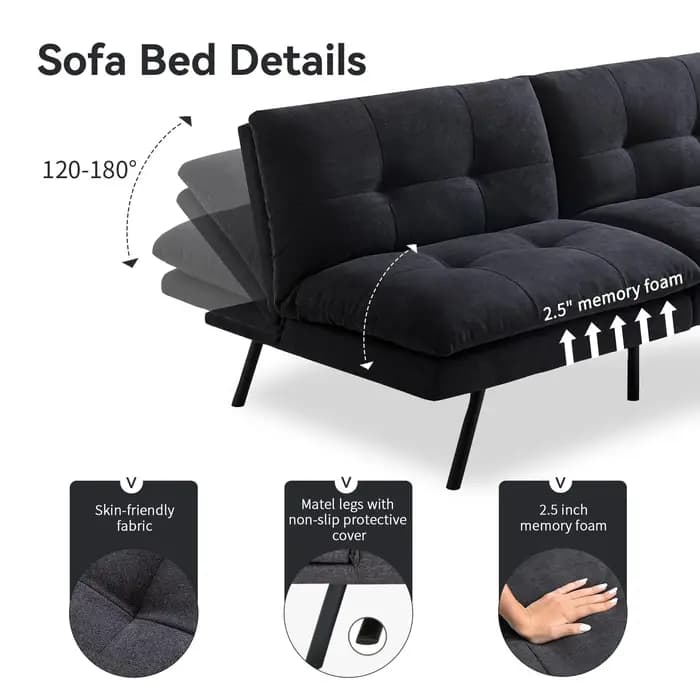 Hcore-Canapé-lit en mousse à mémoire de forme, sofa convertible, causeuse noire pour petits espaces,