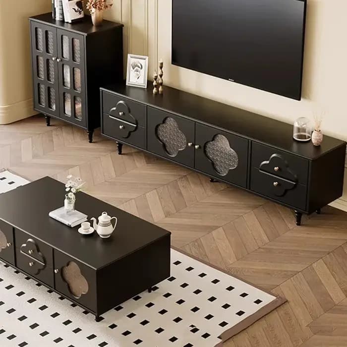 Meuble TV design noir brillant avec poignées et pieds