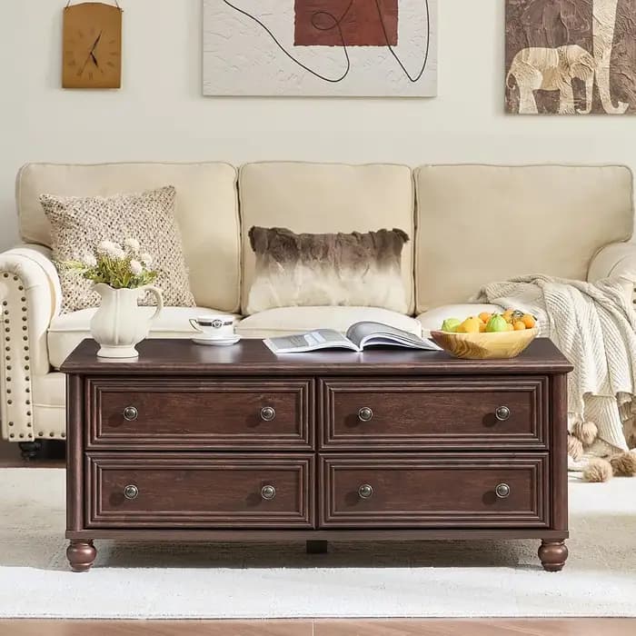 Table basse en bois de 48 pouces avec 4 tiroirs, poignée romaine, base incurvée rustique, pour salon