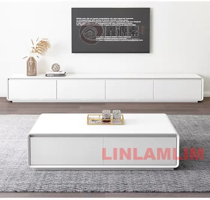 Table basse et meuble TV avec armoires de rangement, ensemble de meubles de salon blancs modernes, e