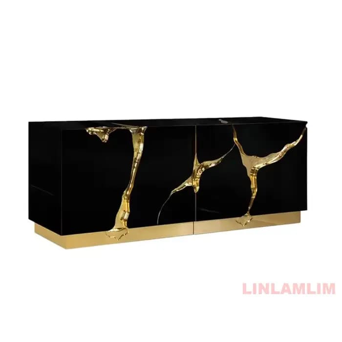 Meuble de rangement brillant pour salon ou salle à manger, buffet/stand TV de luxe noir/blanc avec accents dorés
