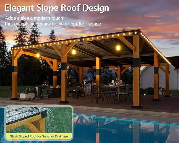 Gazebo en bois de cèdre de 20' x 20' avec toit en acier galvanisé incliné, pavillon à toit rigide av