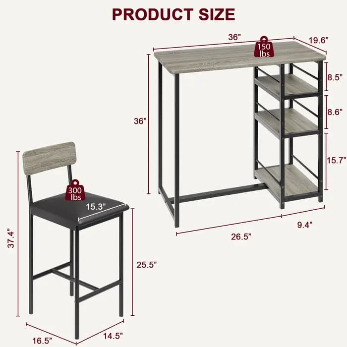 Ensemble de table à manger avec étagères à 3 niveaux, ensemble de table de cuisine de bar avec 2 cha