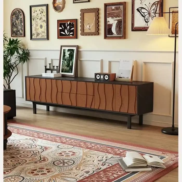 Vintage longue décoration meuble Tv marron support milieu du siècle
