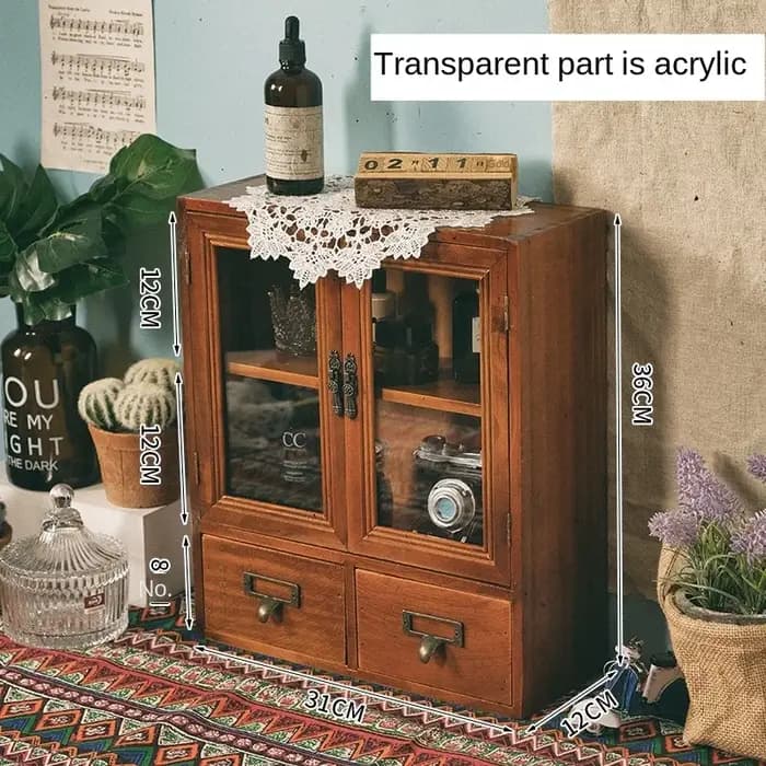 Armoire de présentation à double porte en bois massif de style nordique rétro, armoire de rangement pour cosmétiques, boîte de rangement de bureau avec tiroirs