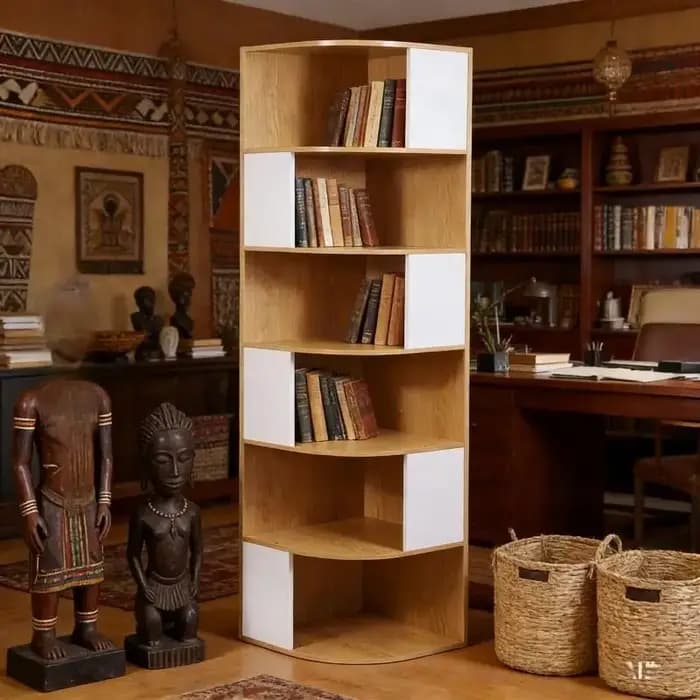 Bibliothèque d'angle moderne, étagère à 6 niveaux en bois massif et MDF, étagère de présentation réglable avec dossier en acier inoxydable