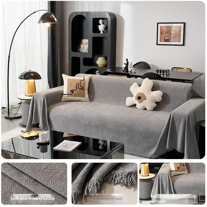 Couverture de canapé une pièce grise, couverture complète de luxe en fausse fourrure de chat, antidé