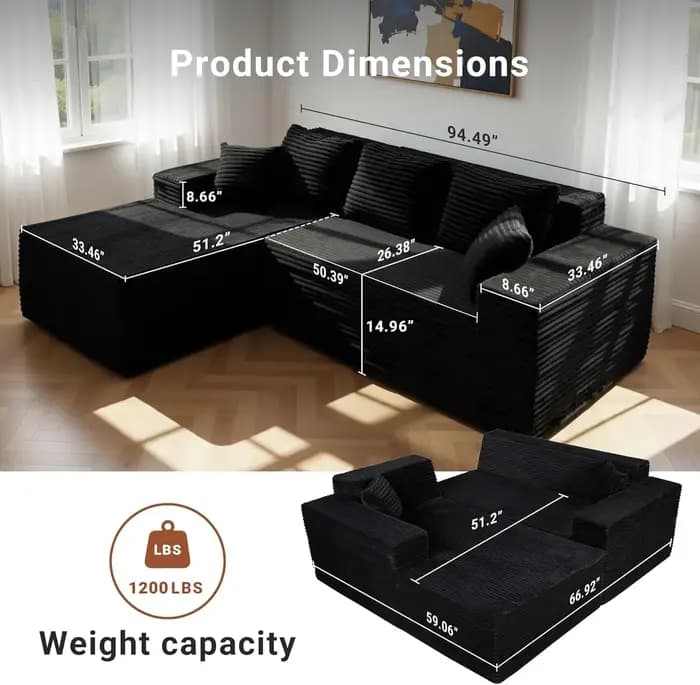 Canapé modulaire en velours côtelé en forme de L de 95 pouces, sans structure, avec assise profonde,