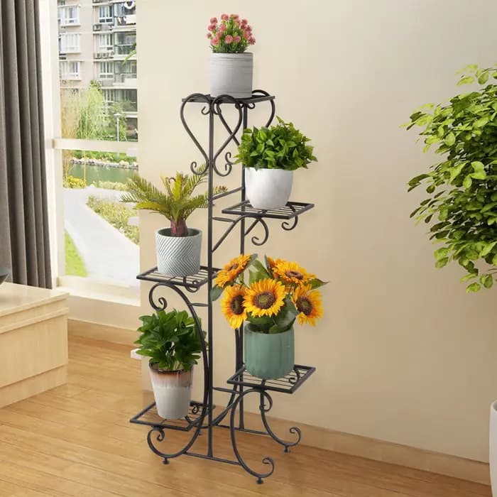 Étagère Plante Intérieure, Porte Plantes Fer Forgé Extérieur Intérieur de 5 Niveaux Support Pot de F