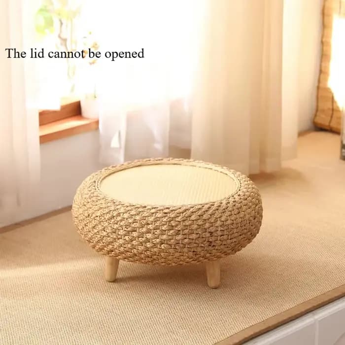 Table basse japonaise ronde en rotin tissé à la main avec rangement pour salon