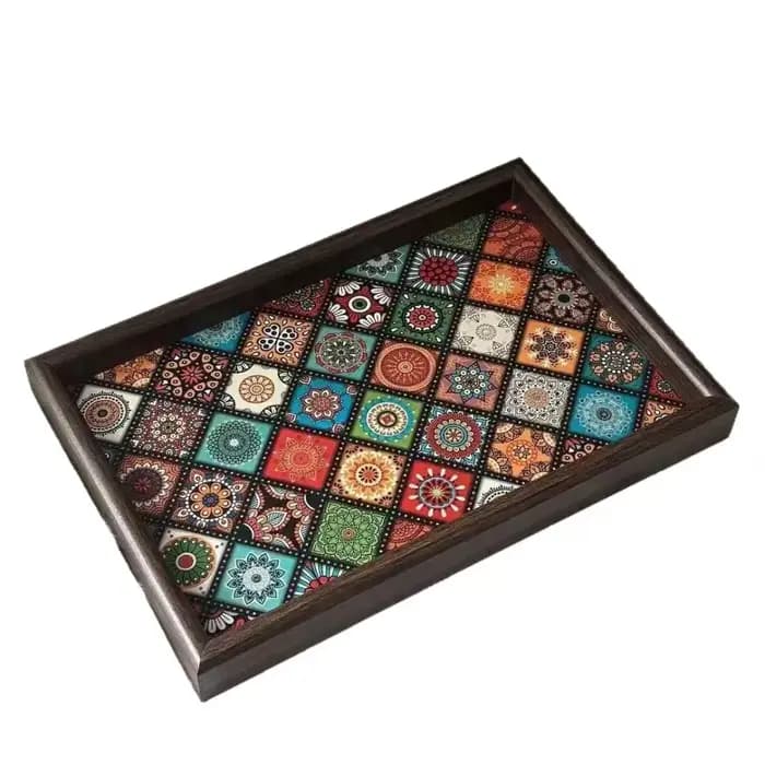 Plateau en bois durable de style bohème 30x20cm, fait main, pour collations, boîte de rangement carr