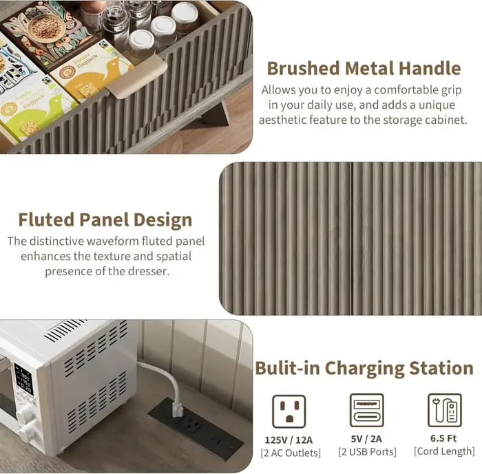 Buffet latéral cannelé QUW avec station de charge, armoire de rangement de cuisine de 47,2 pouces av