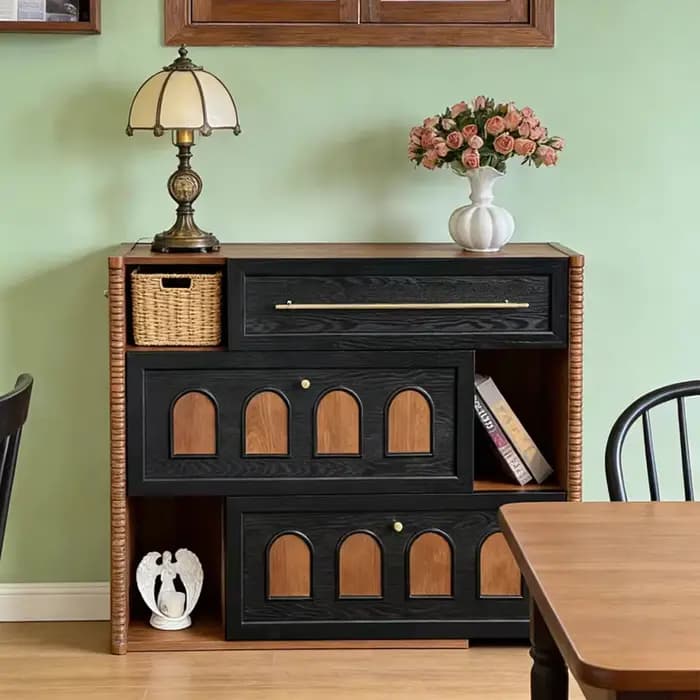 Buffet en bois, console géométrique sculptée en bois massif, chêne teinté noir, armoire en noyer naturel, meuble de couloir moderne