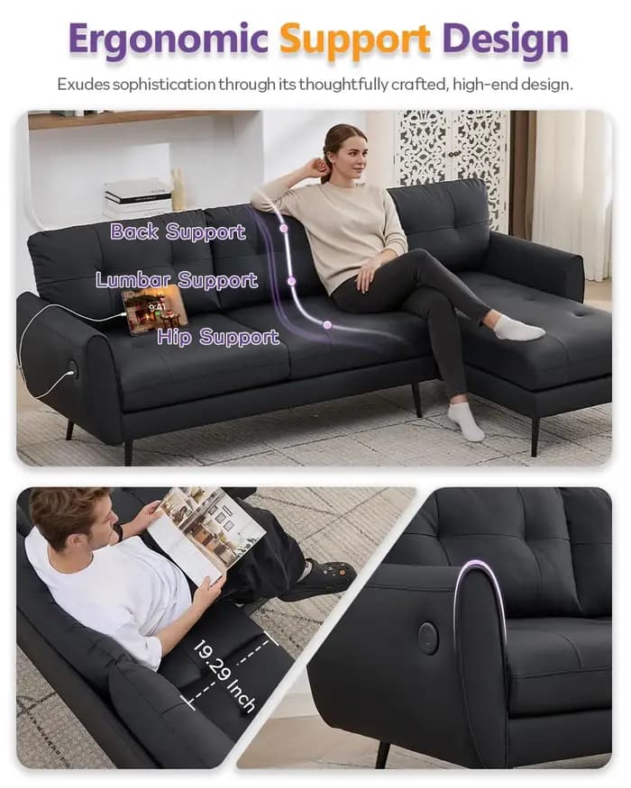 Canapé d'angle en cuir 3 places en forme de L de 89 pouces avec ports de charge USB et Type-C, siège