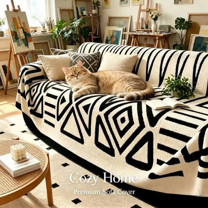 Housse de canapé en flanelle Boho noir et blanc 180×230cm